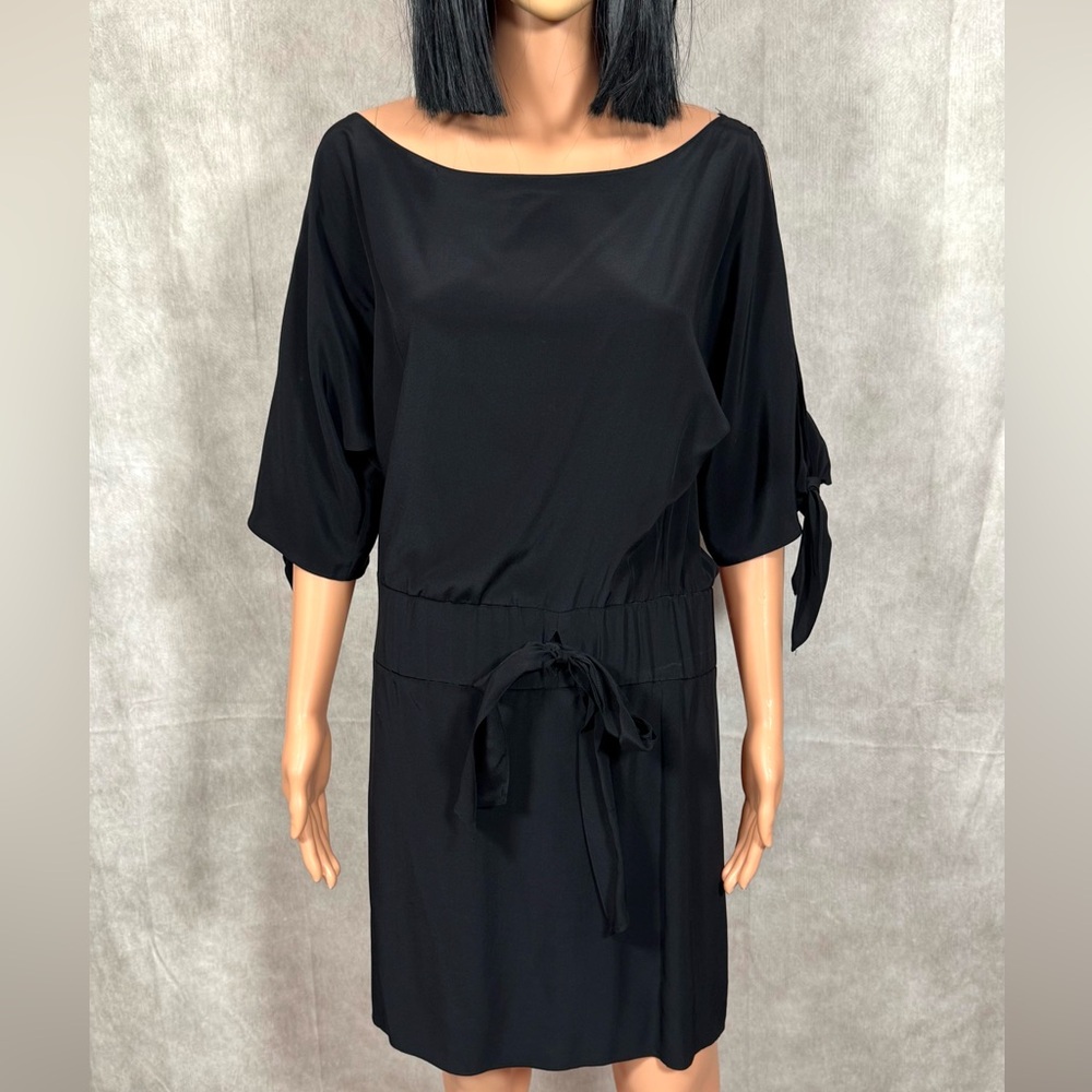 Black Halo 100% Silk Ribbed Tie Front Cocktail Dress